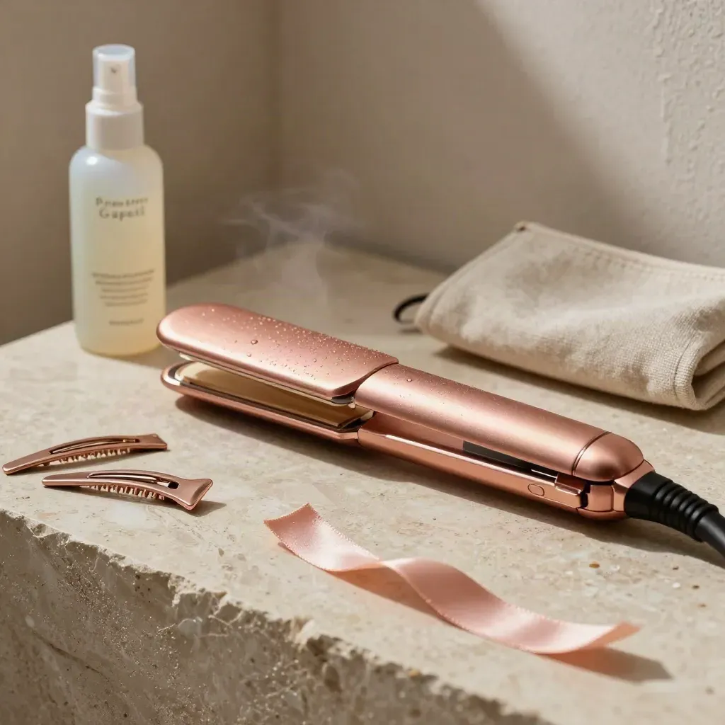 Piastra rose-gold, spray termoprotettivo e mini pouch su travertino con vapore all’alba