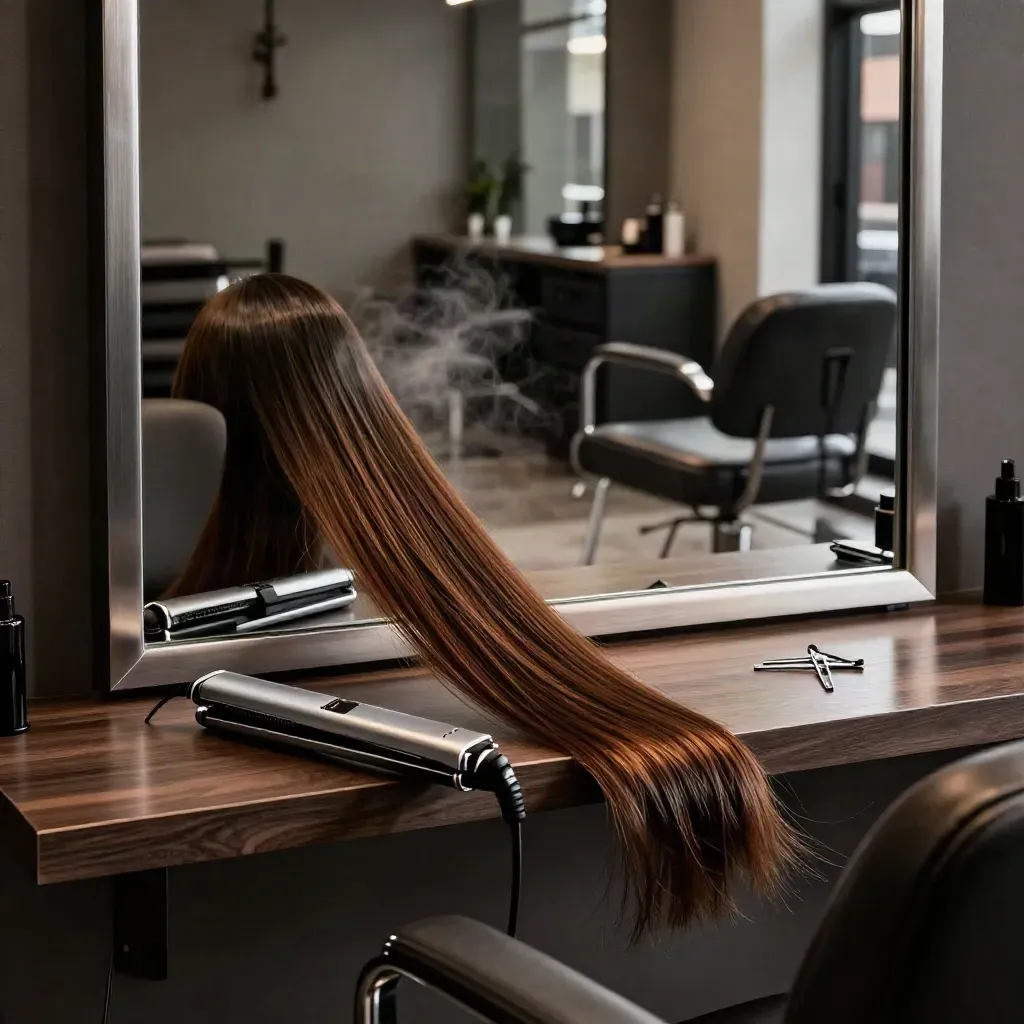 Salone serale con piastra in titanio, specchio, clip e sedia scura, luce piovosa cinematica