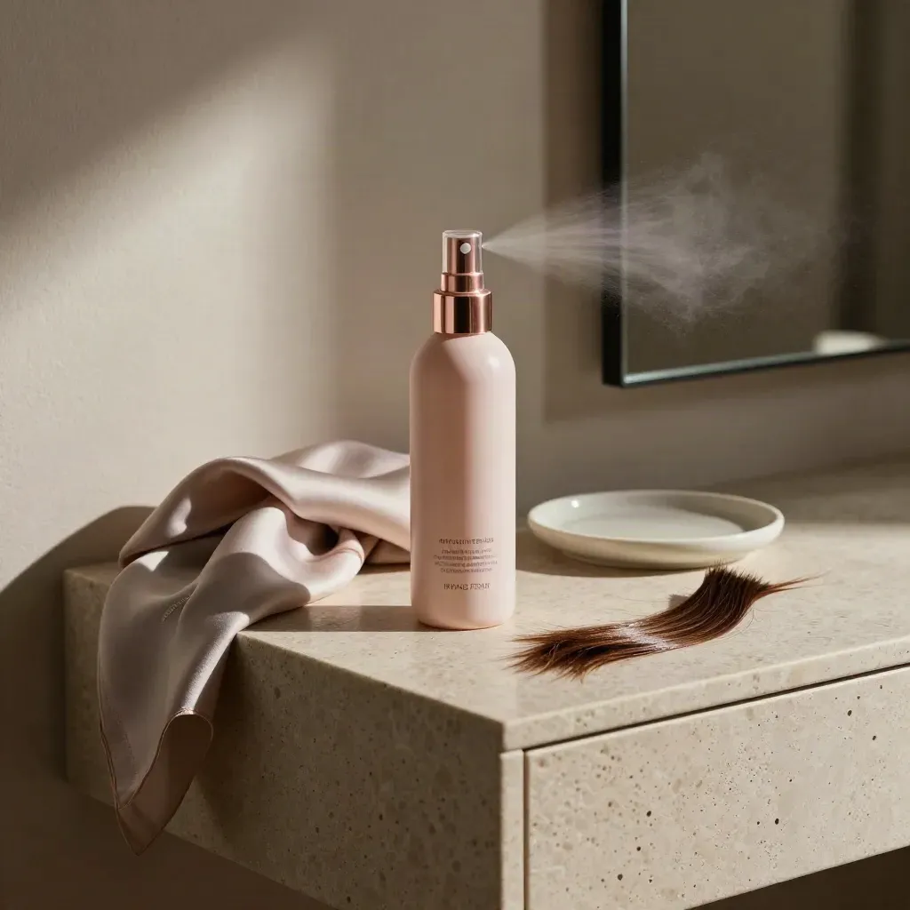 Spray termoprotettivo su tavolo in travertino con sciarpa di seta e ciocca di capelli.