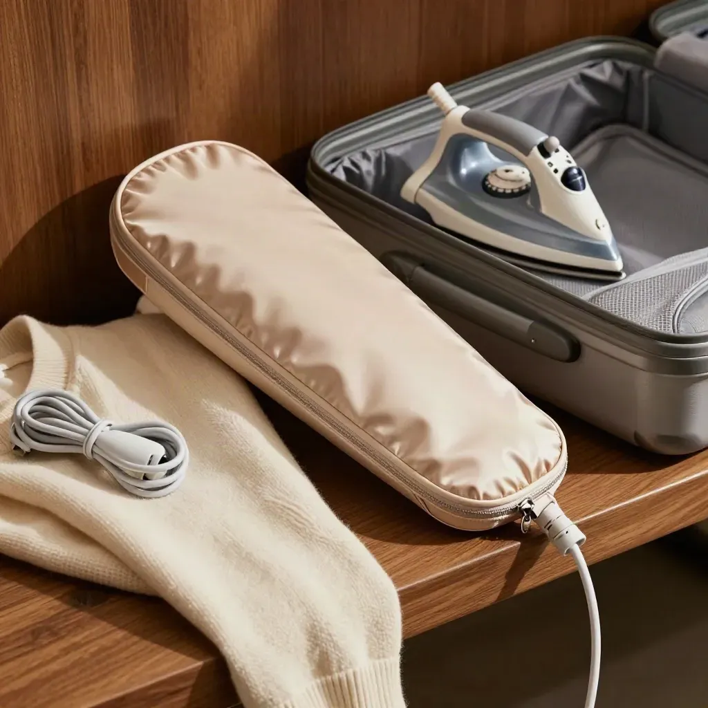 Mini piastra da viaggio nel pouch accanto a sweater e valigia aperta su una panca d’hotel.