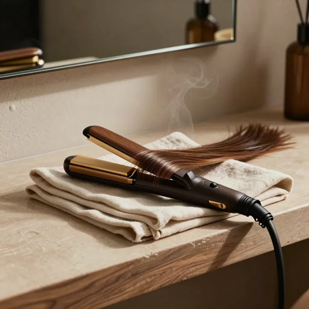 Piastra lisciacapelli su mensola in gesso con ciocca fine e lino beige, luce mattutina calda.
