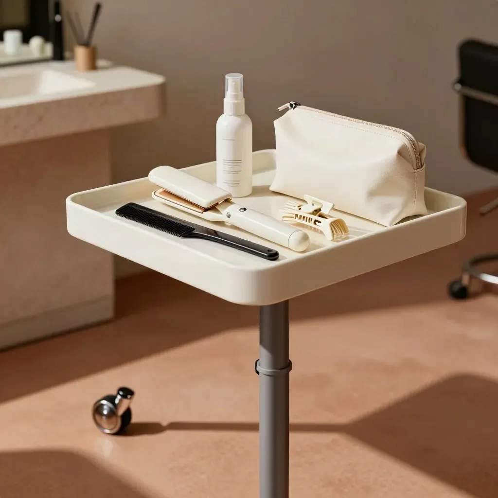 Kit salone essenziale su carrello con piastra, pettine, clip, spray e pochette.