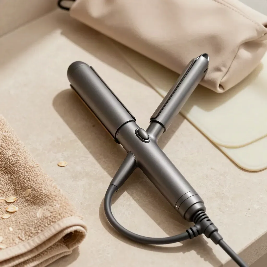 Piastra per capelli con cavo girevole, pouch da viaggio e asciugamano piegato su intonaco chiaro.
