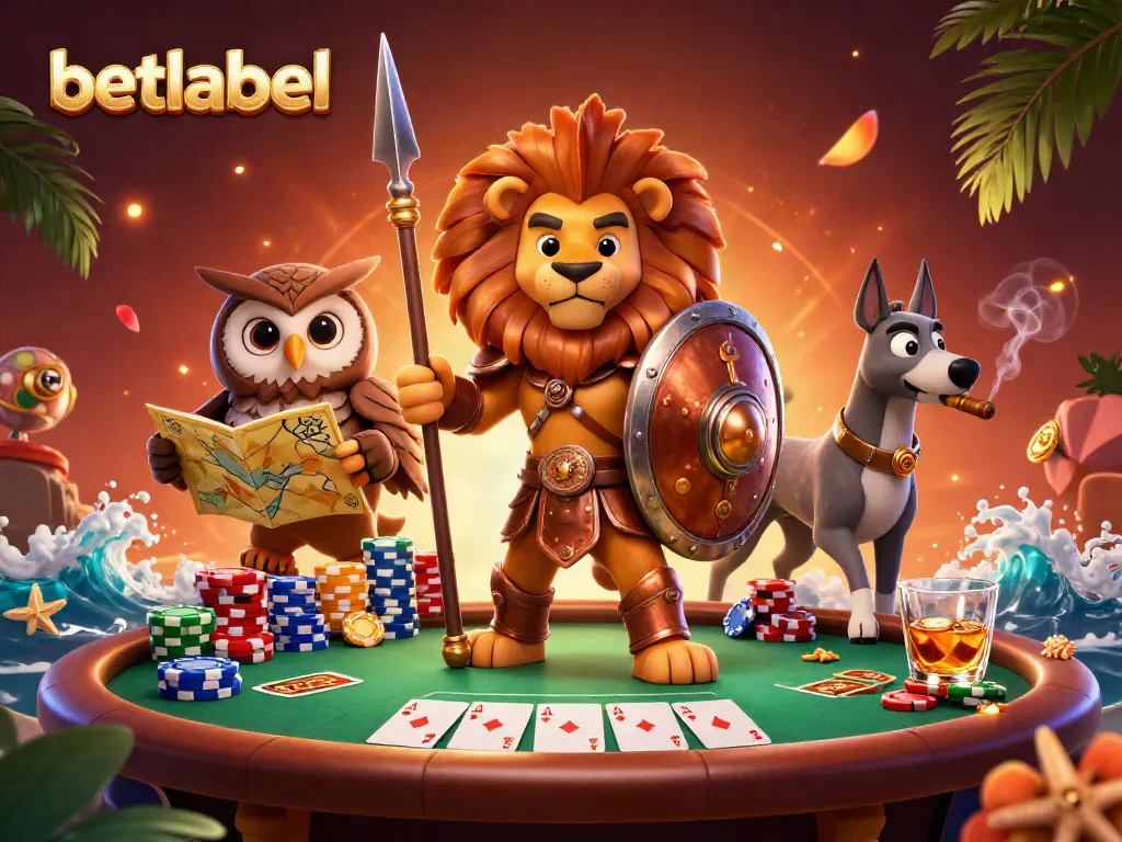 Experience thrilling bets at Betlabel with a vibrant casino illustration showcasing heroes and poker elements.