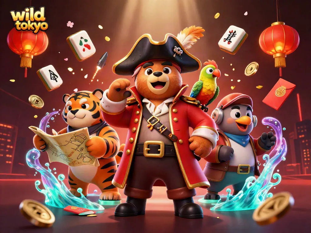 Experience wild tokyo's vibrant gaming scene with an electrifying 3D pirate-themed casino adventure illustration.